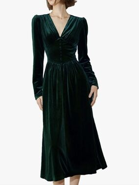 Long-Sleeve Velvet Midi Dress in Teal